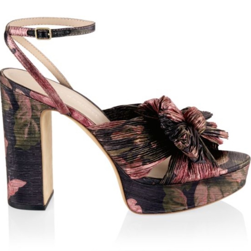 Loeffler Randall ✿ Natalia Pleated Knot Platform Heel Sandal ✿ Metal Floral 9.5